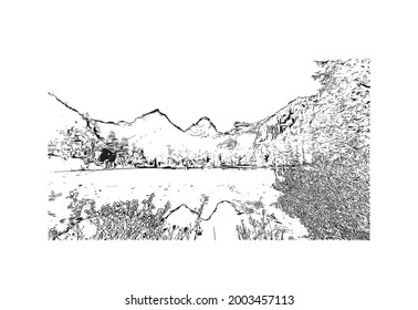 La vista de construcción con el punto de referencia de Hinterstoder es el 
municipio de Austria. Dibujo a mano de ilustración de esbozo en vector.