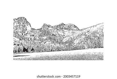 Building view with landmark of Hinterstoder is the 
municipality in Austria. Hand drawn sketch illustration in vector.