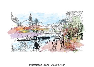 Building view with landmark of Hinterstoder is the 
municipality in Austria. Watercolor splash with hand drawn sketch illustration in vector.