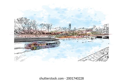 Building view with landmark of Hiroshima is the
city in Japan. Watercolor splash with hand drawn sketch illustration in vector.