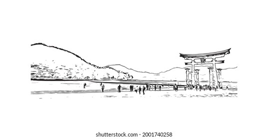 Building view with landmark of Hiroshima is the
city in Japan. Hand drawn sketch illustration in vector.