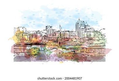 Building view with landmark of Ho Chi Minh is the city in Vietnam.  Watercolor splash with hand drawn sketch illustration in vector.