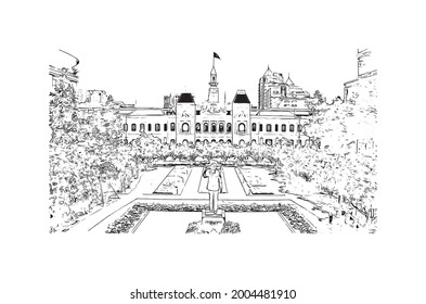 Building view with landmark of Ho Chi Minh is the city in Vietnam. Hand drawn sketch illustration in vector.