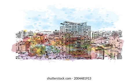 Building view with landmark of Ho Chi Minh is the city in Vietnam.  Watercolor splash with hand drawn sketch illustration in vector.