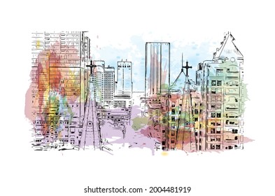 Building view with landmark of Ho Chi Minh is the city in Vietnam.  Watercolor splash with hand drawn sketch illustration in vector.