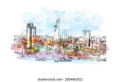 Building view with landmark of Ho Chi Minh is the city in Vietnam.  Watercolor splash with hand drawn sketch illustration in vector.