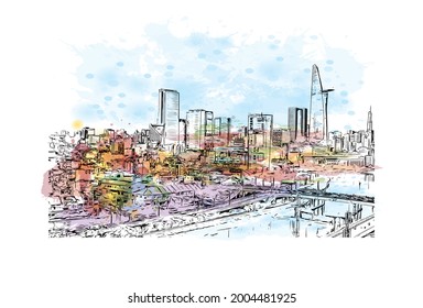 Building view with landmark of Ho Chi Minh is the city in Vietnam.  Watercolor splash with hand drawn sketch illustration in vector.