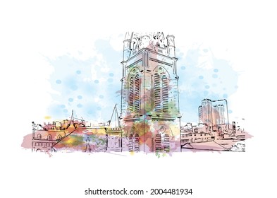 Building view with landmark of Ho Chi Minh is the city in Vietnam.  Watercolor splash with hand drawn sketch illustration in vector.