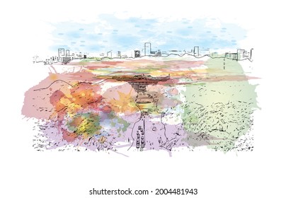 Building view with landmark of Ho Chi Minh is the city in Vietnam.  Watercolor splash with hand drawn sketch illustration in vector.