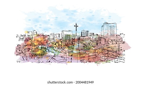 Building view with landmark of Ho Chi Minh is the city in Vietnam.  Watercolor splash with hand drawn sketch illustration in vector.