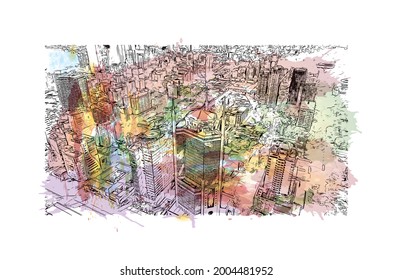 Building view with landmark of Ho Chi Minh is the city in Vietnam.  Watercolor splash with hand drawn sketch illustration in vector.