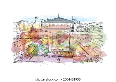 Building view with landmark of Ho Chi Minh is the city in Vietnam.  Watercolor splash with hand drawn sketch illustration in vector.