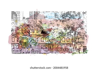 Building view with landmark of Ho Chi Minh is the city in Vietnam.  Watercolor splash with hand drawn sketch illustration in vector.