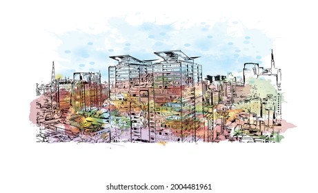 Building view with landmark of Ho Chi Minh is the city in Vietnam.  Watercolor splash with hand drawn sketch illustration in vector.