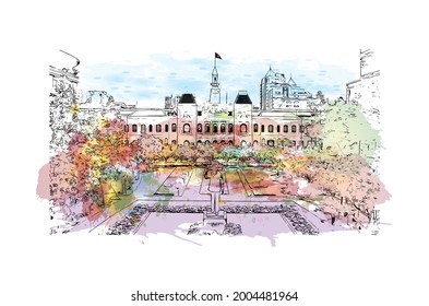 Building view with landmark of Ho Chi Minh is the city in Vietnam.  Watercolor splash with hand drawn sketch illustration in vector.