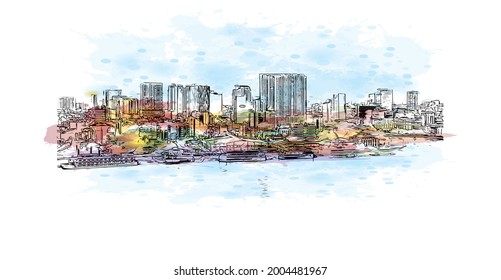 Building view with landmark of Ho Chi Minh is the city in Vietnam.  Watercolor splash with hand drawn sketch illustration in vector.