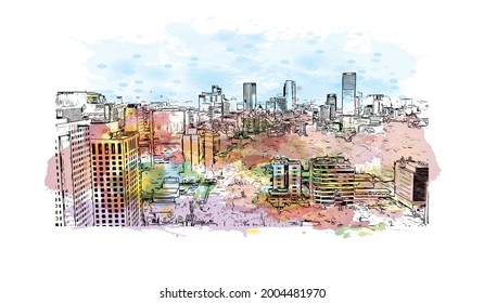 Building view with landmark of Ho Chi Minh is the city in Vietnam.  Watercolor splash with hand drawn sketch illustration in vector.