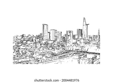 Building view with landmark of Ho Chi Minh is the city in Vietnam. Hand drawn sketch illustration in vector.