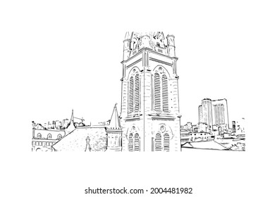 Building view with landmark of Ho Chi Minh is the city in Vietnam. Hand drawn sketch illustration in vector.