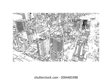 Building view with landmark of Ho Chi Minh is the city in Vietnam. Hand drawn sketch illustration in vector.