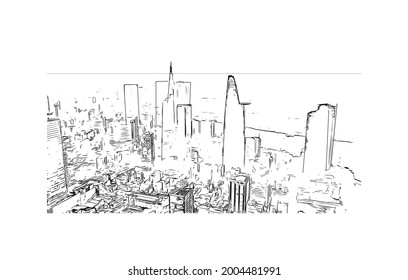 Building view with landmark of Ho Chi Minh is the city in Vietnam. Hand drawn sketch illustration in vector.