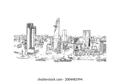 Building view with landmark of Ho Chi Minh is the city in Vietnam. Hand drawn sketch illustration in vector.