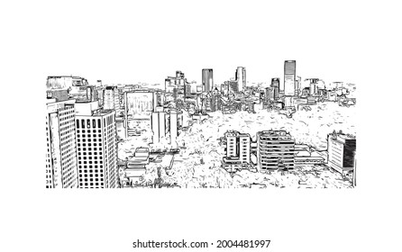 Building view with landmark of Ho Chi Minh is the city in Vietnam. Hand drawn sketch illustration in vector.