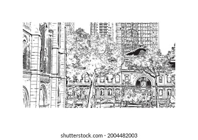 Building view with landmark of Ho Chi Minh is the city in Vietnam. Hand drawn sketch illustration in vector.