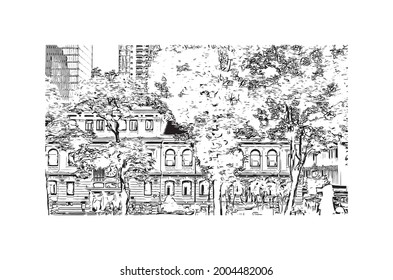 Building view with landmark of Ho Chi Minh is the city in Vietnam. Hand drawn sketch illustration in vector.