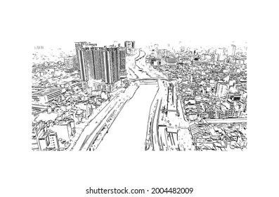 Building view with landmark of Ho Chi Minh is the city in Vietnam. Hand drawn sketch illustration in vector.