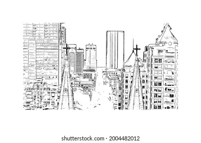 Building view with landmark of Ho Chi Minh is the city in Vietnam. Hand drawn sketch illustration in vector.