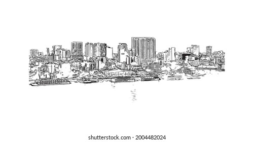 Building view with landmark of Ho Chi Minh is the city in Vietnam. Hand drawn sketch illustration in vector.