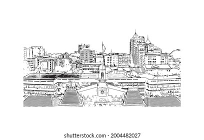 Building view with landmark of Ho Chi Minh is the city in Vietnam. Hand drawn sketch illustration in vector.