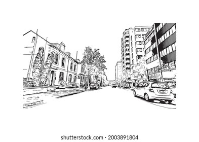 Building view with landmark of Hobart is the 
city in Australia. Hand drawn sketch illustration in vector.