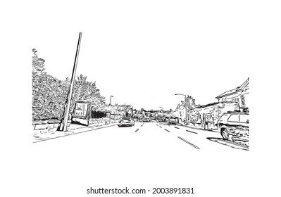 Building view with landmark of Hobart is the 
city in Australia. Hand drawn sketch illustration in vector.