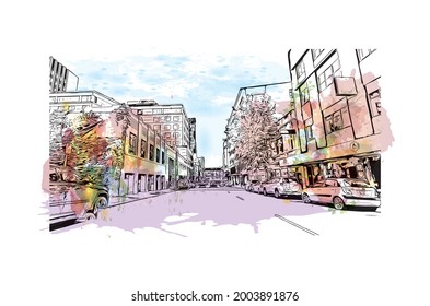 Building view with landmark of Hobart is the 
city in Australia. Watercolor splash with hand drawn sketch illustration in vector.