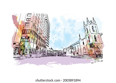 Building view with landmark of Hobart is the 
city in Australia. Watercolor splash with hand drawn sketch illustration in vector.