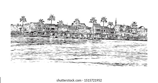 Building view with landmark of Hoi An is a city on Vietnam’s central coast known for its well-preserved Ancient Town. Hand drawn sketch illustration in vector.