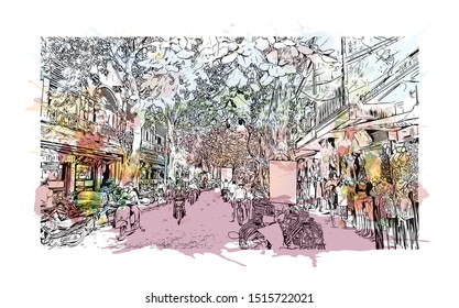 Building view with landmark of Hoi An is a city on Vietnam’s central coast known for its well-preserved Ancient Town. Hand drawn sketch illustration in vector.