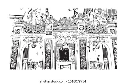 Building view with landmark of Hoi An is a city on Vietnam’s central coast known for its well-preserved Ancient Town. Hand drawn sketch illustration in vector.