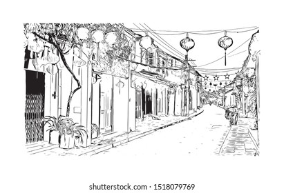 Building view with landmark of Hoi An is a city on Vietnam’s central coast known for its well-preserved Ancient Town. Hand drawn sketch illustration in vector.