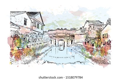 Building view with landmark of Hoi An is a city on Vietnam’s central coast known for its well-preserved Ancient Town. Watercolor splash with Hand drawn sketch illustration in vector.