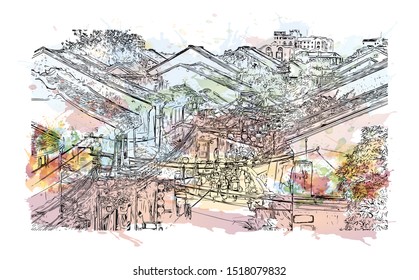 Building view with landmark of Hoi An is a city on Vietnam’s central coast known for its well-preserved Ancient Town. Watercolor splash with Hand drawn sketch illustration in vector.