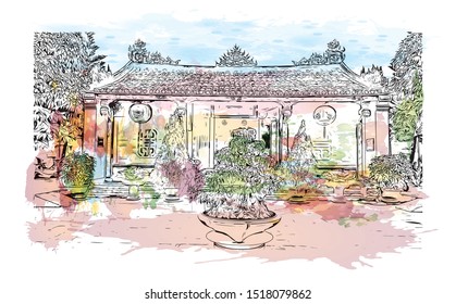 Building view with landmark of Hoi An is a city on Vietnam’s central coast known for its well-preserved Ancient Town. Watercolor splash with Hand drawn sketch illustration in vector.