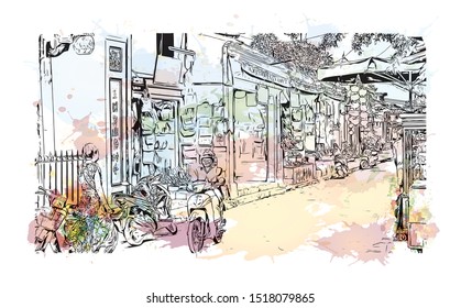 Building view with landmark of Hoi An is a city on Vietnam’s central coast known for its well-preserved Ancient Town. Watercolor splash with Hand drawn sketch illustration in vector.