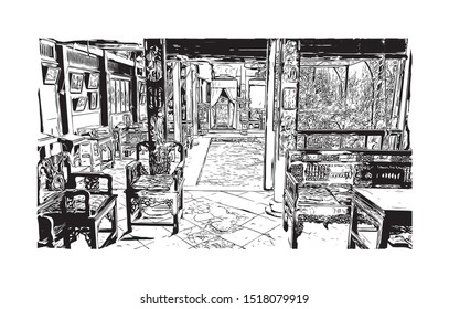 Building view with landmark of Hoi An is a city on Vietnam’s central coast known for its well-preserved Ancient Town. Hand drawn sketch illustration in vector.