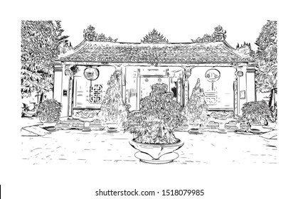 Building view with landmark of Hoi An is a city on Vietnam’s central coast known for its well-preserved Ancient Town. Hand drawn sketch illustration in vector.