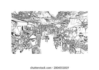Building view with landmark of Hoi An is a city on Vietnam. Hand drawn sketch illustration in vector.