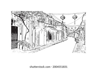 Building view with landmark of Hoi An is a city on Vietnam. Hand drawn sketch illustration in vector.