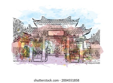 Building view with landmark of Hoi An is a city on Vietnam. Watercolor splash with hand drawn sketch illustration in vector.